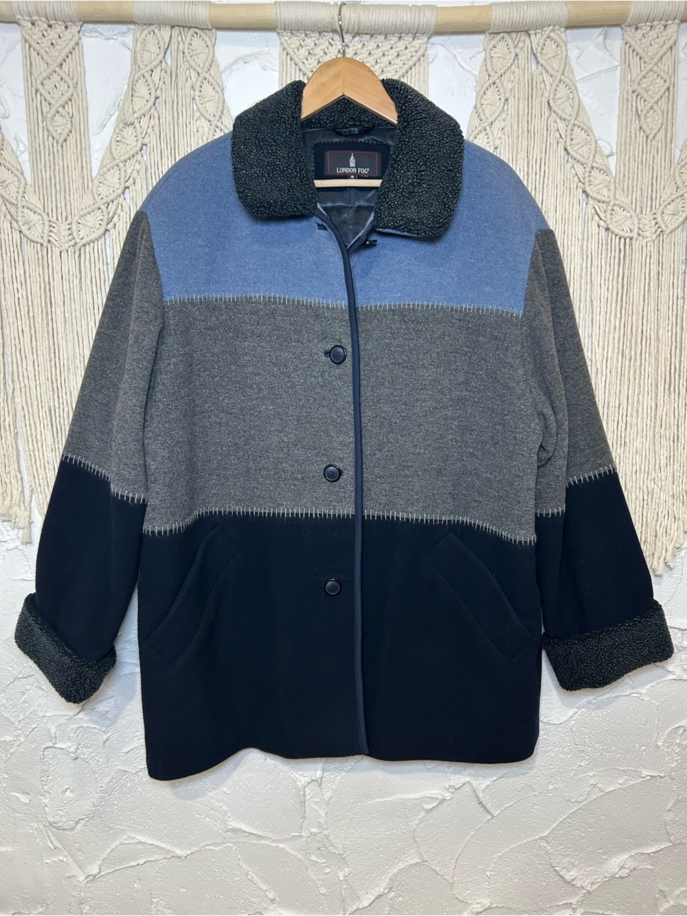 London Fog Vintage Colorblock Wool Blend Coat Sherpa Collar Blue Grey Navy Sz XL
